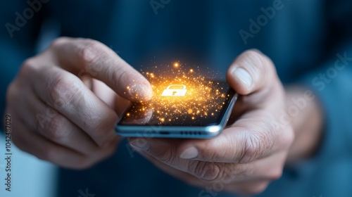 Secure Mobile Technology and Cybersecurity Protection Concept with Glowing Lock Icon Displayed on Smartphone Screen Held in Man s Hand photo