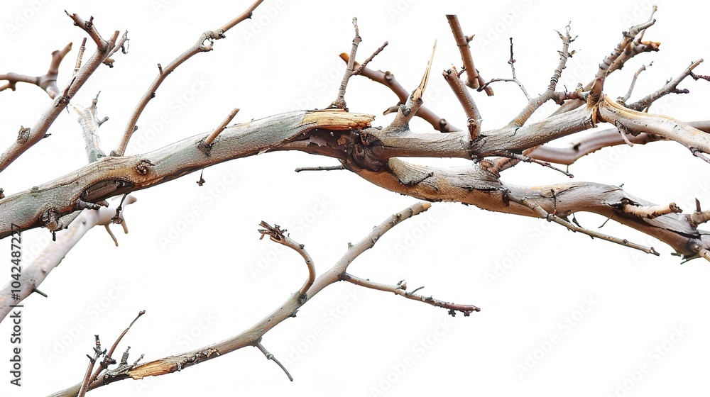 Dry tree branches isolated on white background - a stark and delicate sight. This image presents dry tree branches standing out against a pure white backdrop Dry tree branches isolated on white background - a stark and delicate sight. This image presents dry tree branches standing out against a pure white backdrop