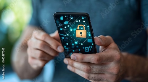 Wallpaper Mural Portrait of a man holding a smartphone with a glowing lock icon on the screen set against a backdrop of digital data and cyber protection visualizations Torontodigital.ca
