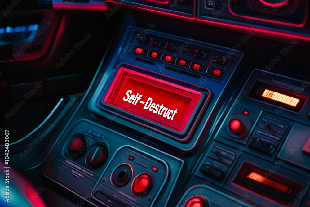 A futuristic control panel with a self-destruct button illuminated in bright red inside a sci-fi themed vehicle at night. Generative AI A futuristic control panel with a self-destruct button illuminated in bright red inside a sci-fi themed vehicle at night. Generative AI