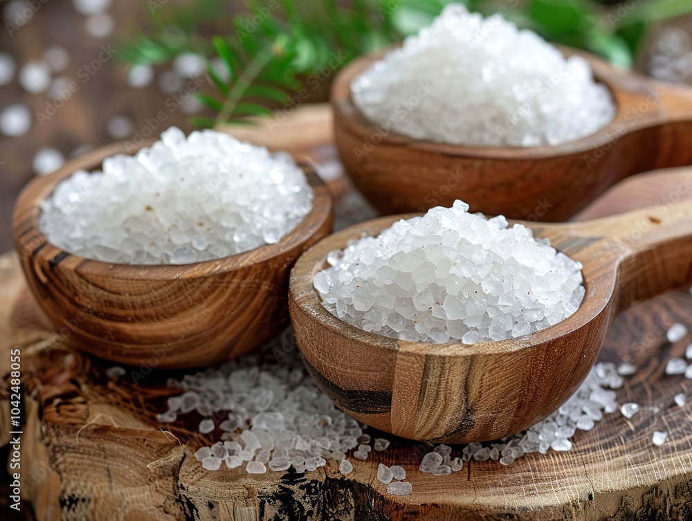 Close-up of White Sea Salt Crystals in Wooden Bowls Close-up of White Sea Salt Crystals in Wooden Bowls