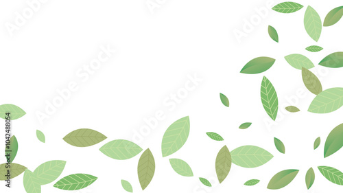 Leaves Vector White Background Illustration. Fresh Greens Template. Grassy Leaf Brochure, Green flying leaves wave,nature Day