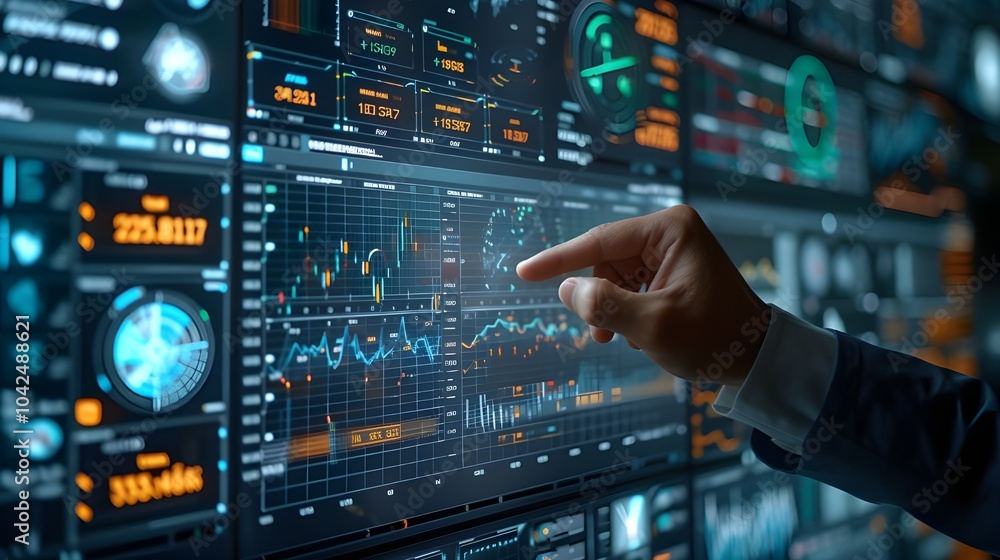 Analyzing Data on a Futuristic Digital Dashboard with Interactive Technology for Business Insights, Financial Trends and Market Performance Analyzing Data on a Futuristic Digital Dashboard with Interactive Technology for Business Insights, Financial Trends and Market Performance