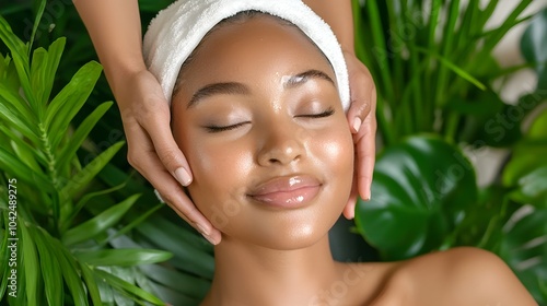 A woman enjoys a pampering facial treatment in a tranquil spa environment with gentle hands applying nourishing skincare products to her glowing radiant skin