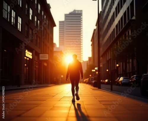 A silhouette of a person walking down a city street at sunset, capturing a moment of tranquility and reflection in an urban environment.