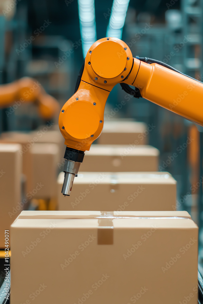 Automated robotic arm in action revolutionizing packaging and logistics in modern industry Automated robotic arm in action revolutionizing packaging and logistics in modern industry