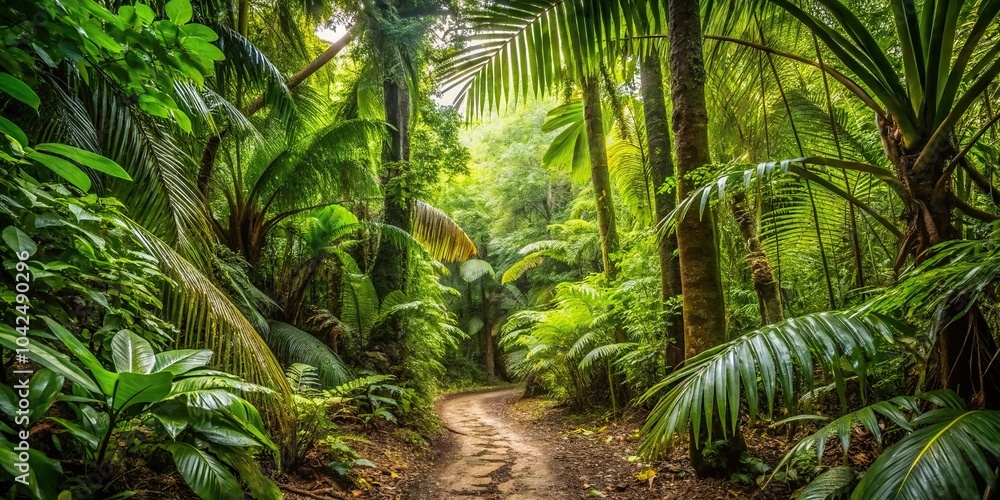 Naklejka premium Dirt path winding through lush jungle rainforest in Guadeloupe