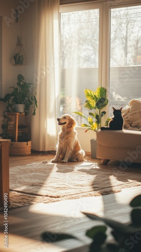 Amistad entre el gato y el perro, compartiendo salón y sofá amistosamente. Concepto de convivencia entre mascotas y salud veterinaria.

 photo