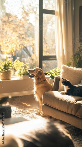 Amistad entre el gato y el perro, compartiendo salón y sofá amistosamente. Concepto de convivencia entre mascotas y salud veterinaria.

 photo