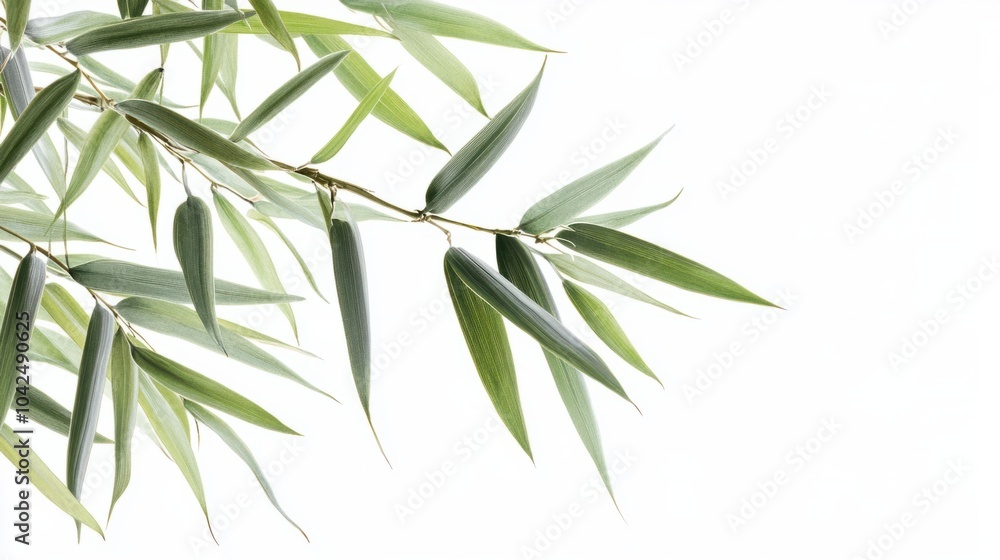 Obraz premium Close-up of bamboo leaves and green stalks, showing intricate details, isolated on white background