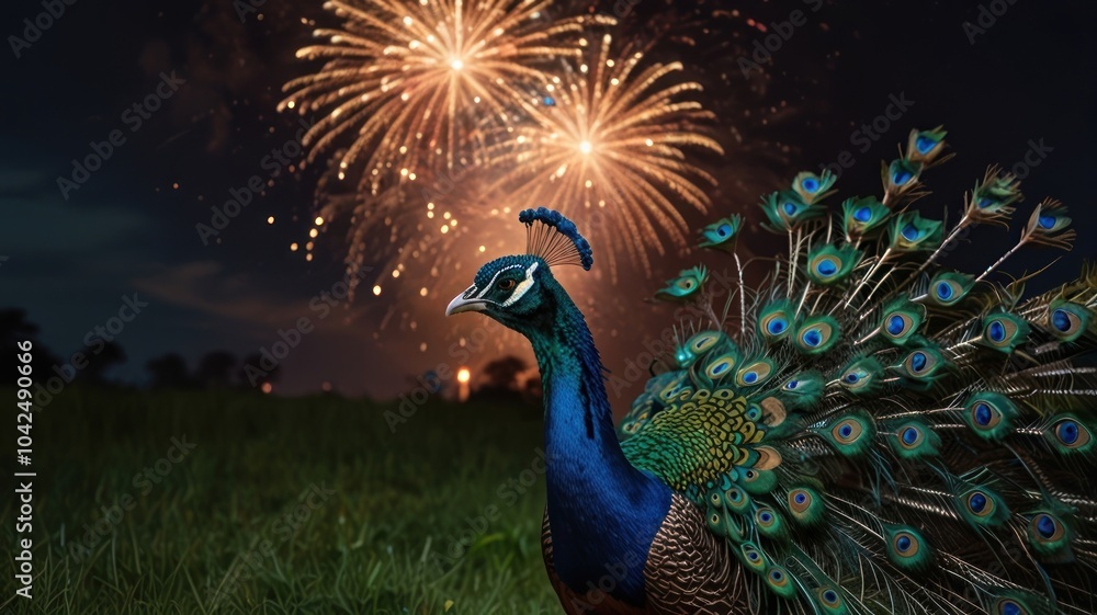 A peacock with its feathers spread stands in a field at night with fireworks in the background. A peacock with its feathers spread stands in a field at night with fireworks in the background.