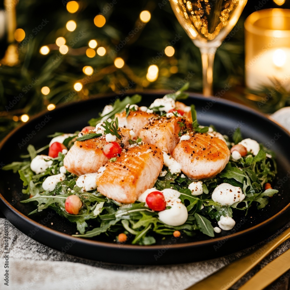 A gourmet salad with salmon, arugula, and garnishes on a festive table. A gourmet salad with salmon, arugula, and garnishes on a festive table.