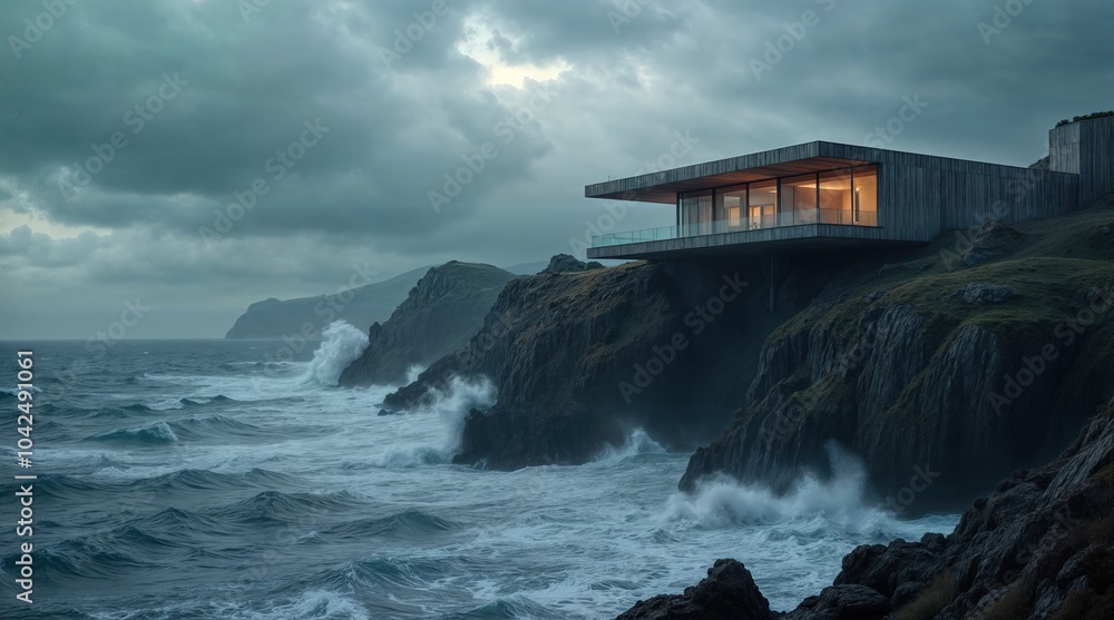 Fototapeta premium Moderne Luxusvilla auf Klippen: Moderne Architektur trifft auf dramatische Naturkulisse und rauem Meer - Immobilien der superlative