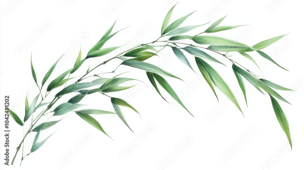 Naklejka premium Curved bamboo stalk with soft, drooping green leaves, isolated on white background