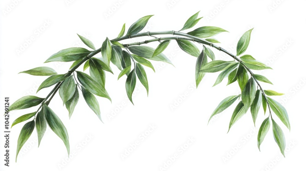 Obraz premium Curved bamboo stalk with soft, drooping green leaves, isolated on white background