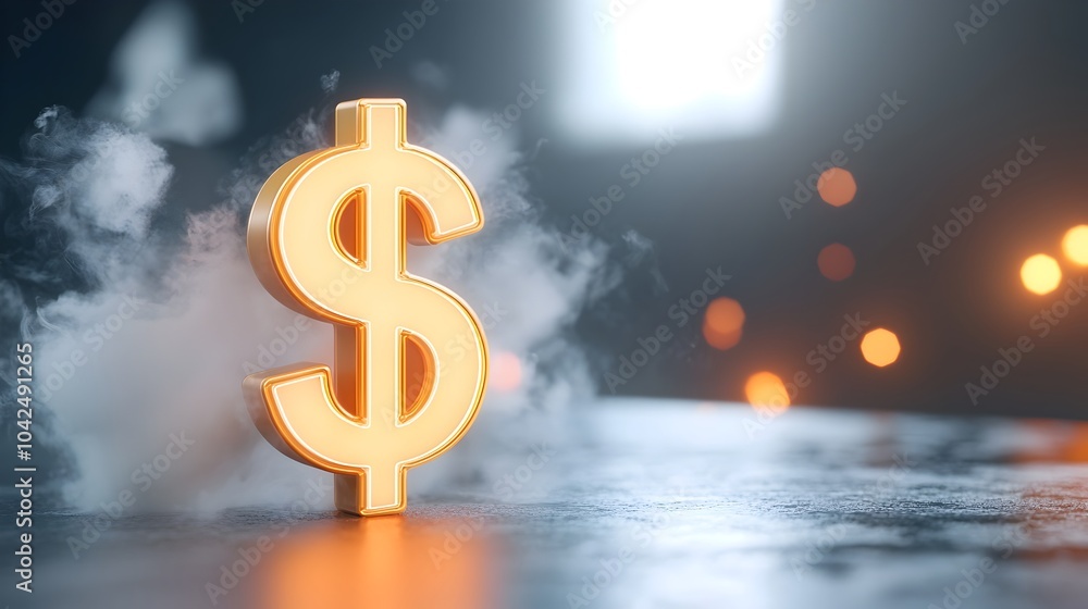 Mesmerizing digital of a glowing dollar sign symbol illuminated by vibrant neon colors floating amidst a thick smoky backdrop of swirling mist Mesmerizing digital of a glowing dollar sign symbol illuminated by vibrant neon colors floating amidst a thick smoky backdrop of swirling mist