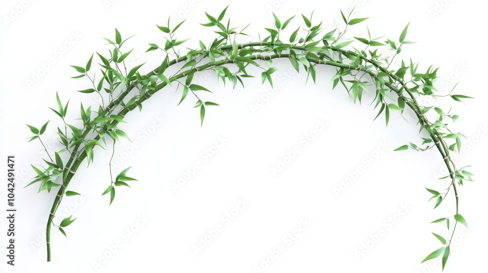 Curved green bamboo stalk with leaves branching out, isolated on white background Curved green bamboo stalk with leaves branching out, isolated on white background
