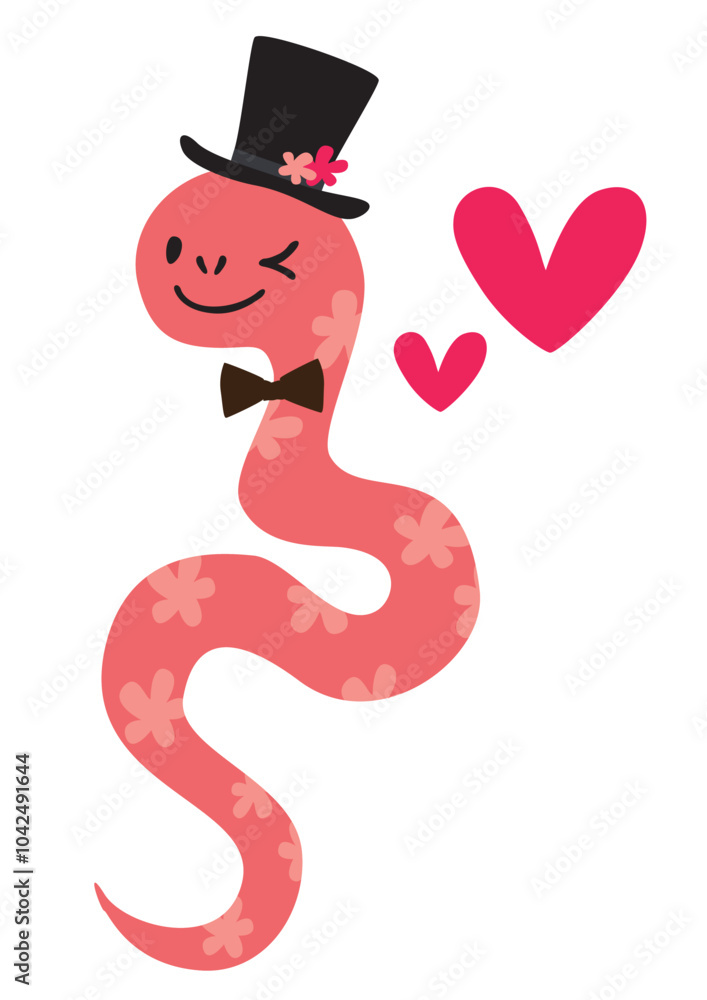 Obraz premium シルクハットや花柄がかわいいピンクのヘビのベクターイラスト