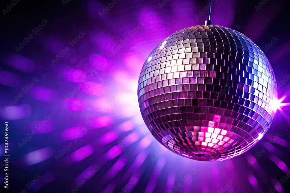 Obraz premium Disco ball shining in dark against purple backdrop low angle view