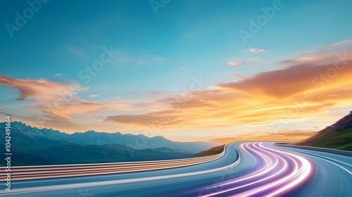 Sleek futuristic racetrack curves through a neon lit digital landscape with electric purple and blue lights creating glowing trails on the high tech highway