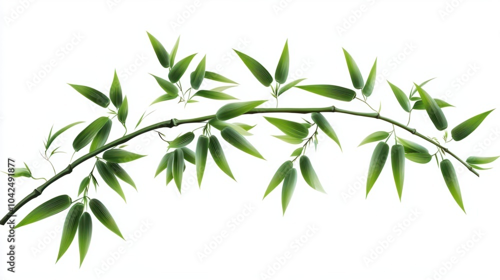 Fototapeta premium Elegant green bamboo stem with long, flowing leaves, isolated on white background