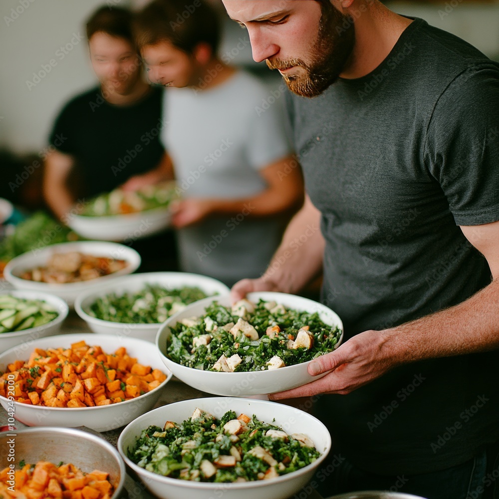 A group of people preparing and serving healthy salads in a communal setting. A group of people preparing and serving healthy salads in a communal setting.