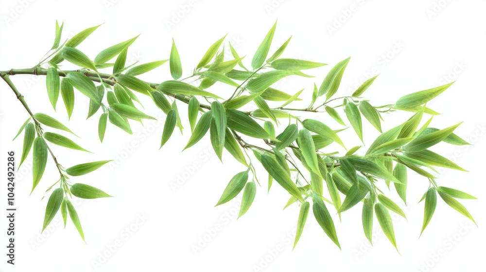 Obraz premium Fresh bamboo stem with leaves gently swaying, isolated on white background