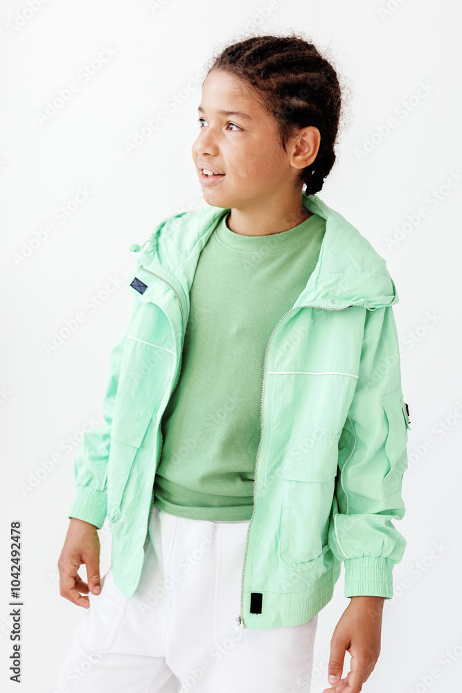 Stylish young boy in green jacket and white pants striking a pose against minimalist white backdrop Stylish young boy in green jacket and white pants striking a pose against minimalist white backdrop