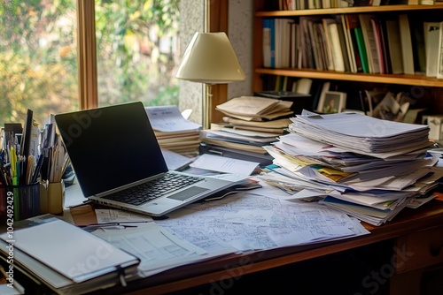 Wallpaper Mural A cluttered desk in a cozy office filled with paperwork, a laptop, and books during daylight hours. Generative AI Torontodigital.ca