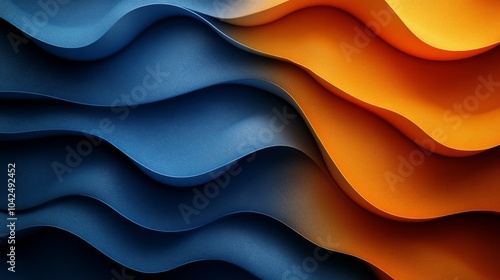 Dibujo abstracto de colores naranjas y azules mostrando curvas y ondulaciones.

