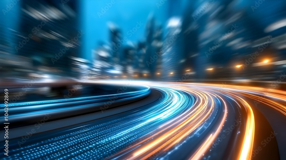 Glowing digital highway illuminated by vibrant neon blue and purple streaks winding through a futuristic high tech cityscape backdrop The image conveys a sense of speed technology and the future Glowing digital highway illuminated by vibrant neon blue and purple streaks winding through a futuristic high tech cityscape backdrop The image conveys a sense of speed technology and the future