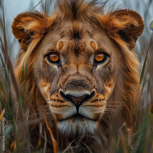 Foto de León en libertad, agazapado, dispuesto a atacar. Fotografía de vida salvaje.