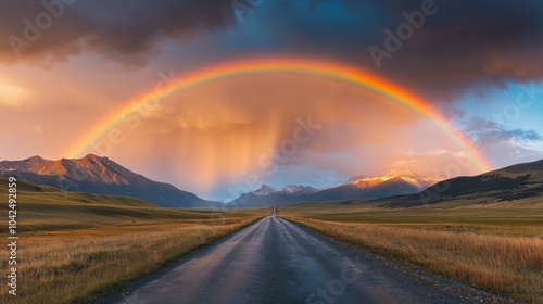 A scenic view of a road with a rainbow over a mountain range at sunset.