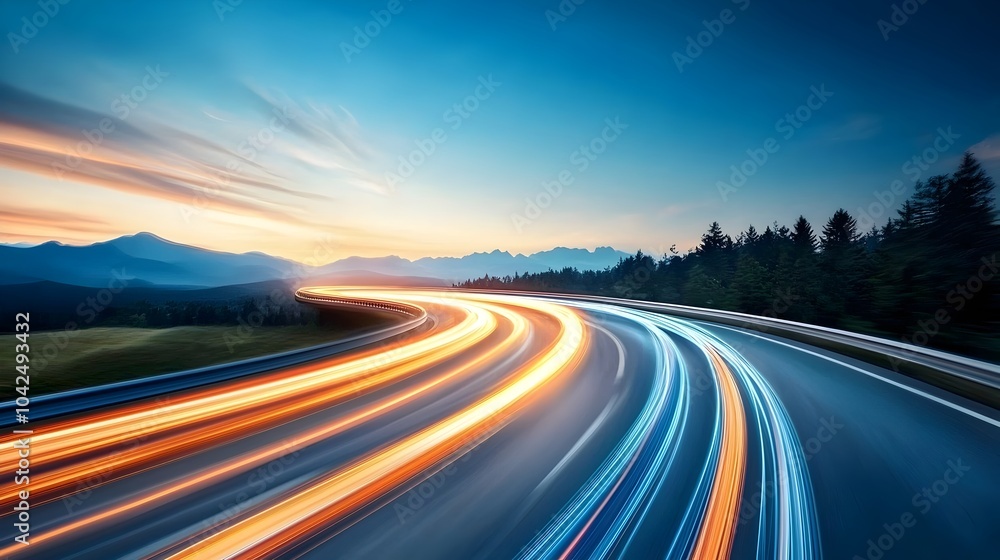 Fototapeta premium Mesmerizing neon light trails curve across a dark nightscape creating a breathtaking futuristic scene with electric blue and pink streaks of luminous energy painting the sky