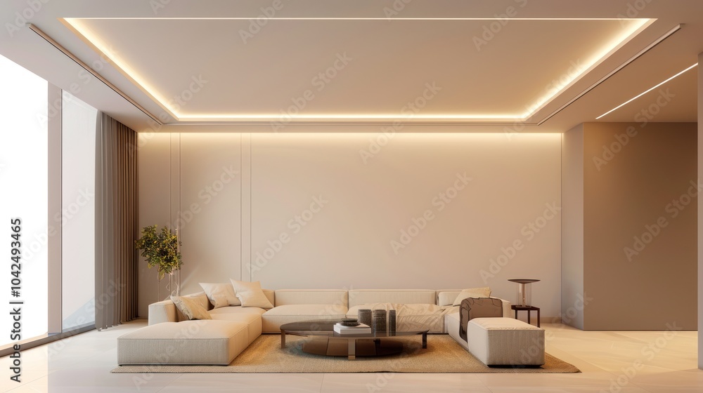 Modern living room interior design with beige furniture and a sleek aesthetic Modern living room interior design with beige furniture and a sleek aesthetic
