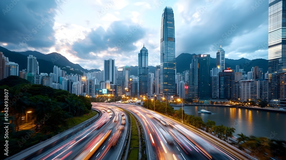 Naklejka premium Futuristic neon lit highway with vibrant purple and pink lights guiding the way through a sleek high tech cityscape A visualization of the transportation infrastructure of the future