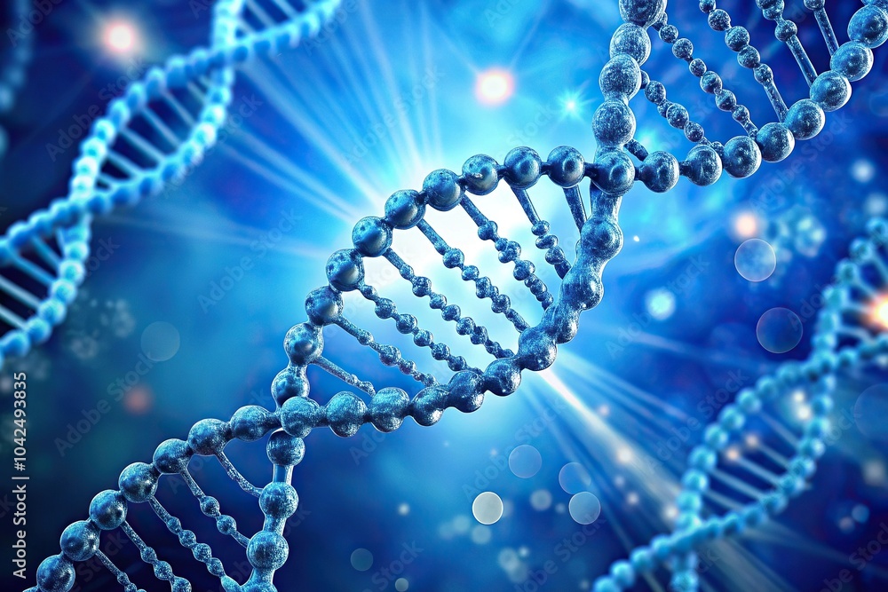 DNA helix on blue background with genetic code strands and polynucleotide chains DNA helix on blue background with genetic code strands and polynucleotide chains