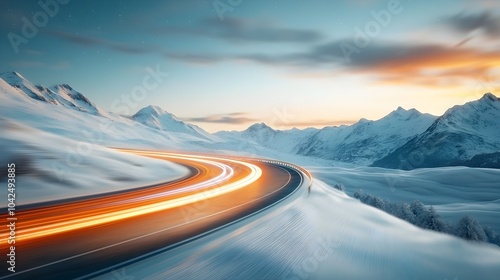 Curved futuristic road illuminated by neon light trails electric blue and purple streaks cutting through a digitized landscape under a starless sky photo