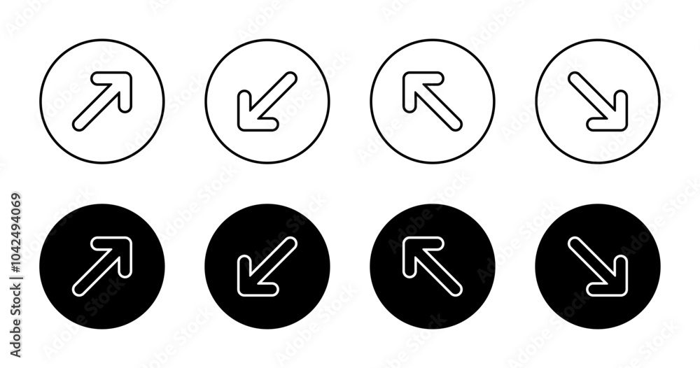 Upward rightward, downward leftward, upward leftward, and downward rightward arrow icon on circle background Upward rightward, downward leftward, upward leftward, and downward rightward arrow icon on circle background