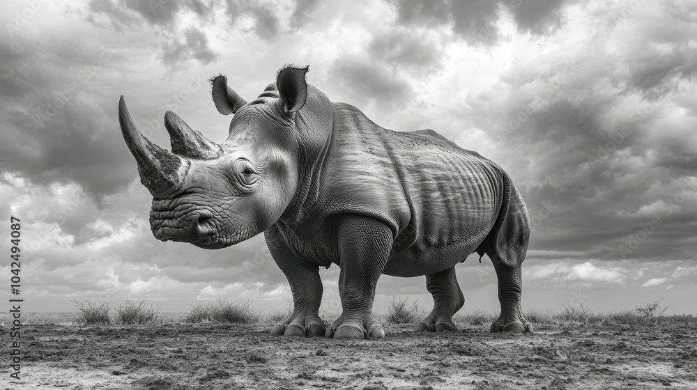 Fototapeta premium Fotografía de mucho detalle de un gran rinoceronte africano, de cerca, donde el ojo y sus cuernos son el principal motivo fotográfico. Concepto de fotografía ganadora en blanco y negro de concurso de 
