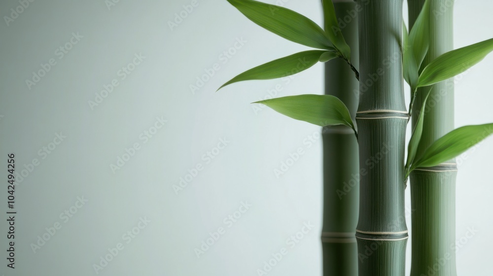 Obraz premium Tall bamboo stalk with fresh green leaves curling at the top, isolated on white background