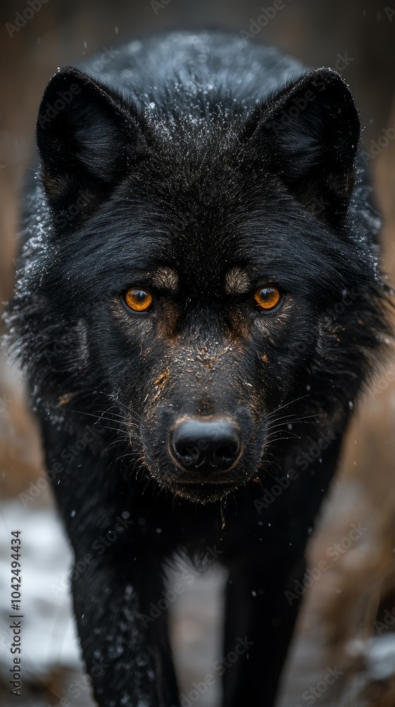 Naklejka premium Gran lobo negro con mirada aterradora y fiereza. Carnívoro hambriento mirando fijamente a la cámara.