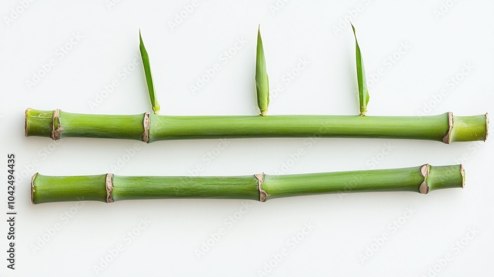 Fototapeta premium Three green bamboo stems arranged side by side, isolated on white background