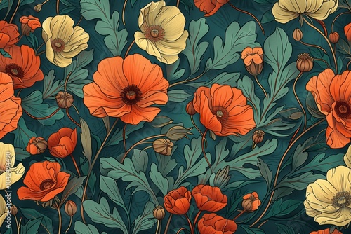 Art Nouveau Floral Pattern with Poppies and Cosmos Flowers in Warm Orange and Teal