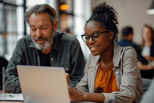 Young diverse team working on laptop and learning together in modern office