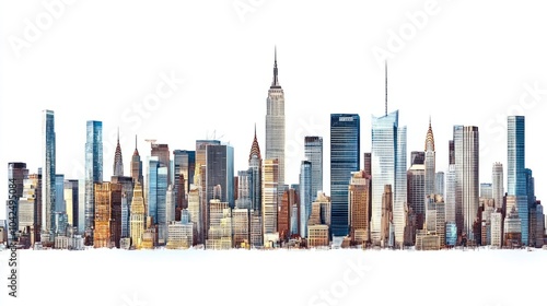 City skyline panorama featuring iconic modern skyscrapers, isolated on white background