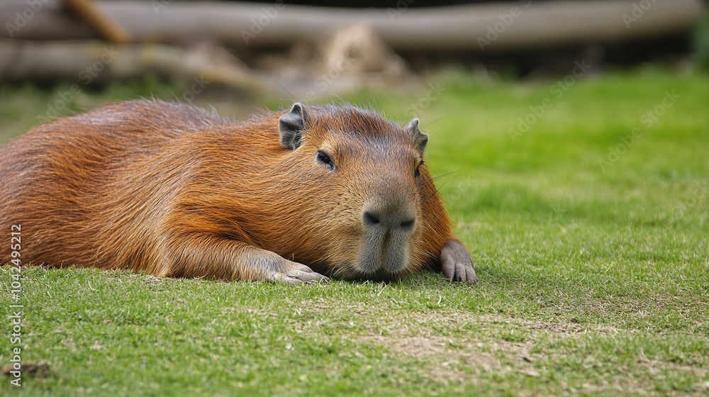 Fototapeta premium Very Sad Capybara. This image depicts an adorable capybara with large, expressive eyes and a forlorn expression, capturing the essence of sadness. 