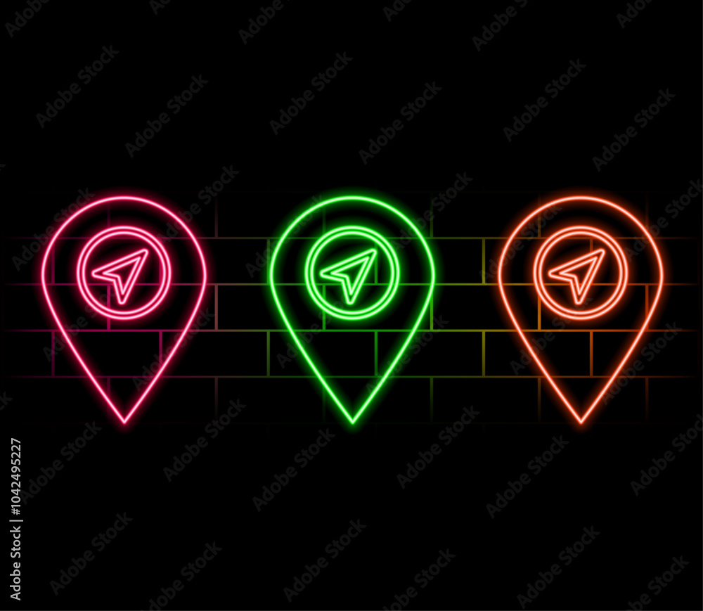 Paper map with pin, location by gps, simple landmark. Orange neon style on black background. Light linear icon with editable stroke Paper map with pin, location by gps, simple landmark. Orange neon style on black background. Light linear icon with editable stroke