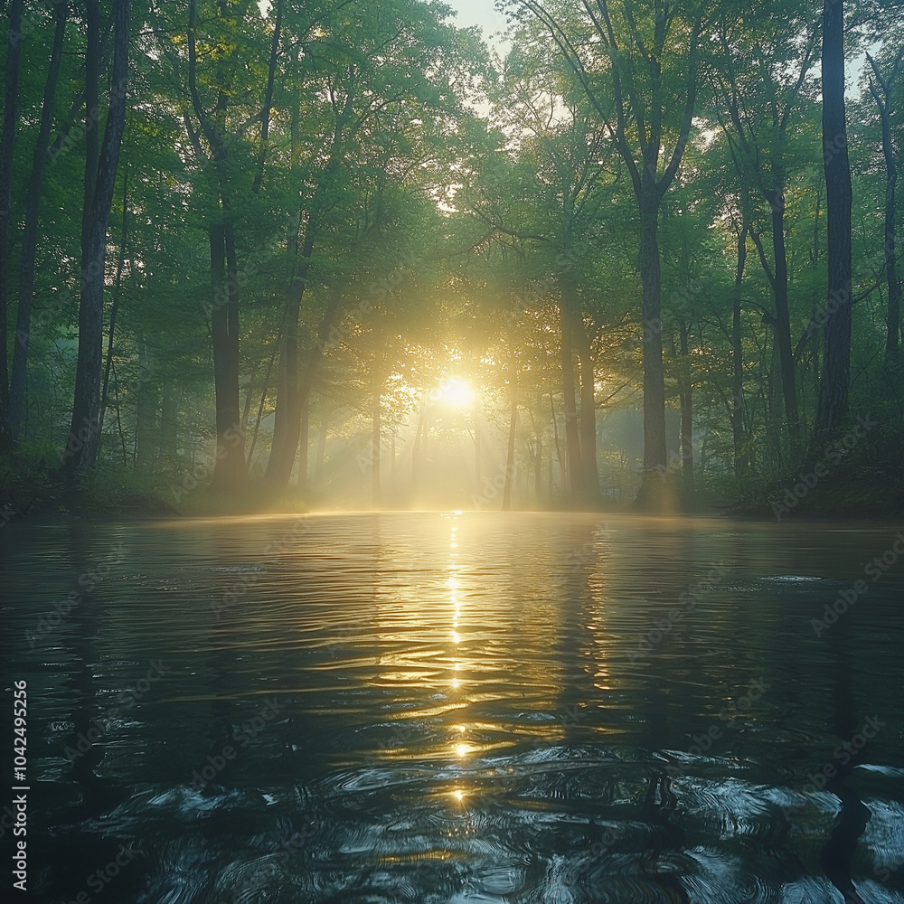 Tranquil River Morning: Misty Waters and Lush Banks Captured in Serenity Tranquil River Morning: Misty Waters and Lush Banks Captured in Serenity