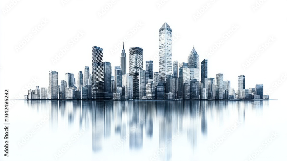 Fototapeta premium City skyline panorama featuring sharp, angular office towers, isolated on white background